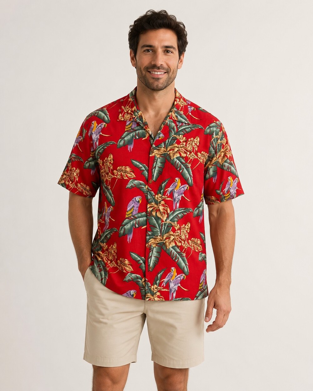Paradise Found Red Hawaiian Shirt Tropical Parrot Print Short Sleeve Button Up